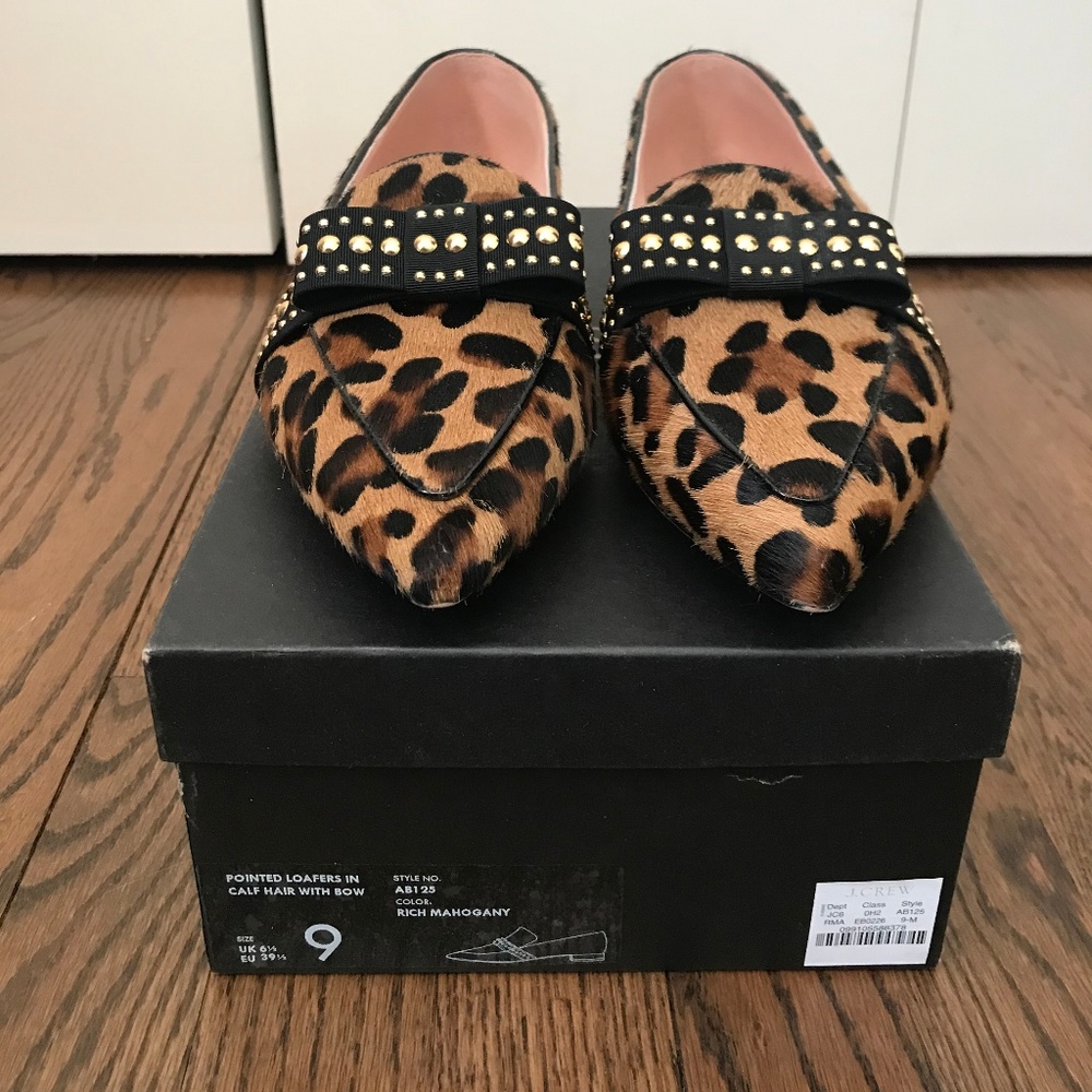 J Crew Pointed Loafers in Calf Hair with Bow